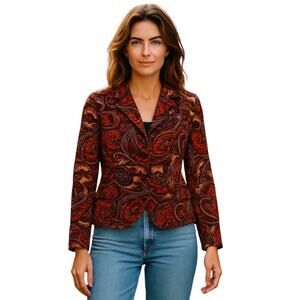 Talbots Velvet Blazer Size 12 Red Paisley Velour Jacket Artsy Boho Chic Retro